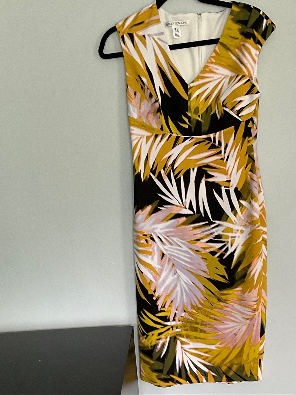 Maggy London Black, Mustard & Pink Palm-Print V-Neck Midi Dress